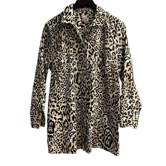 Chicos Top Womens 3 XL 18 No Iron Animal Print Leopard Button Down Tunic Office - Picture 1 of 6